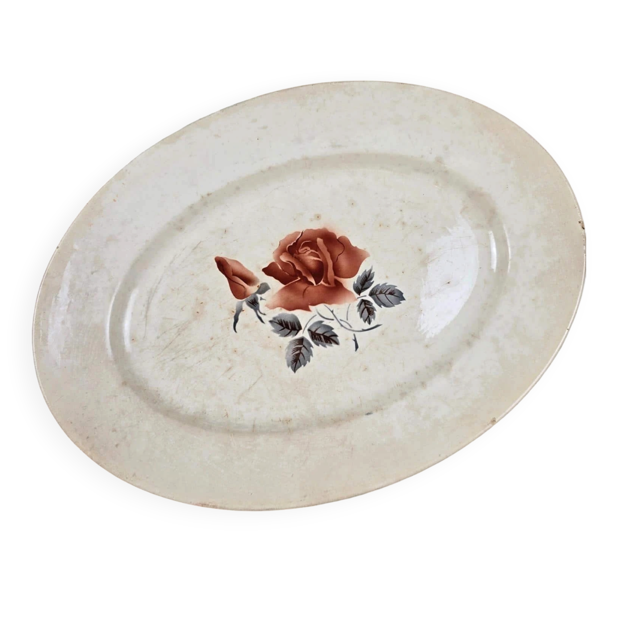 Digoin Sarreguemines plate with rose decoration, ironstone – Large patinated model