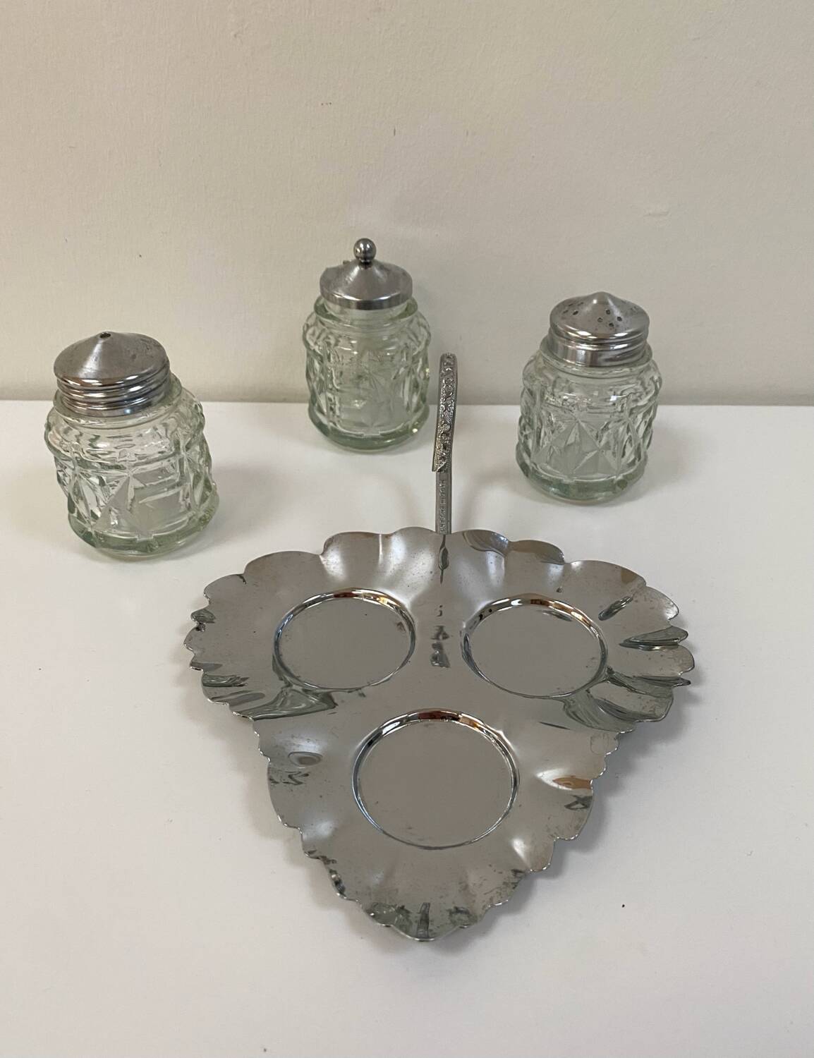 Vintage glass and silver-plated condiment set