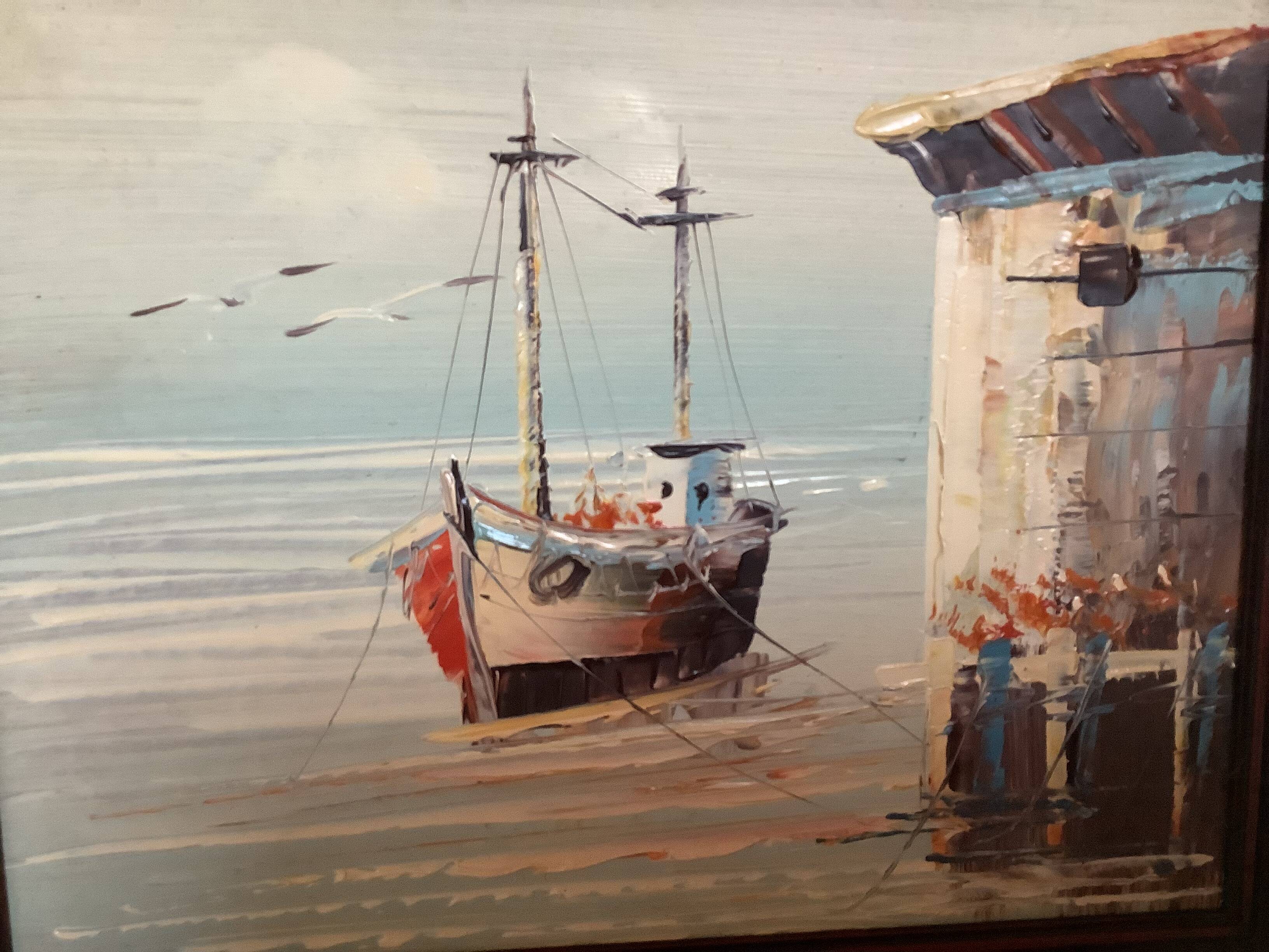 Small marine painting of a boat in oil on panel.