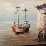 Small marine painting of a boat in oil on panel.