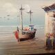 Small marine painting of a boat in oil on panel.