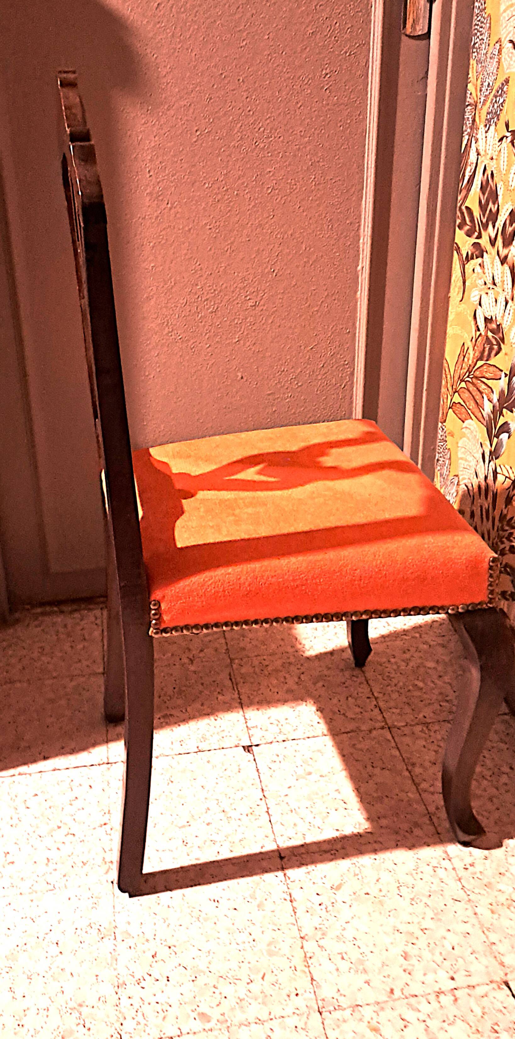 Varnished wood chair with orange velvet fabric, 1880/1900