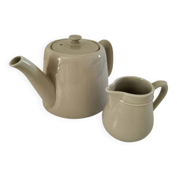 Duo théière et pot à lait en céramique grège – Style bistrot vintage