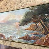 Leduc XXeme : immense tableau vue Meditéranéenne huile sur toile