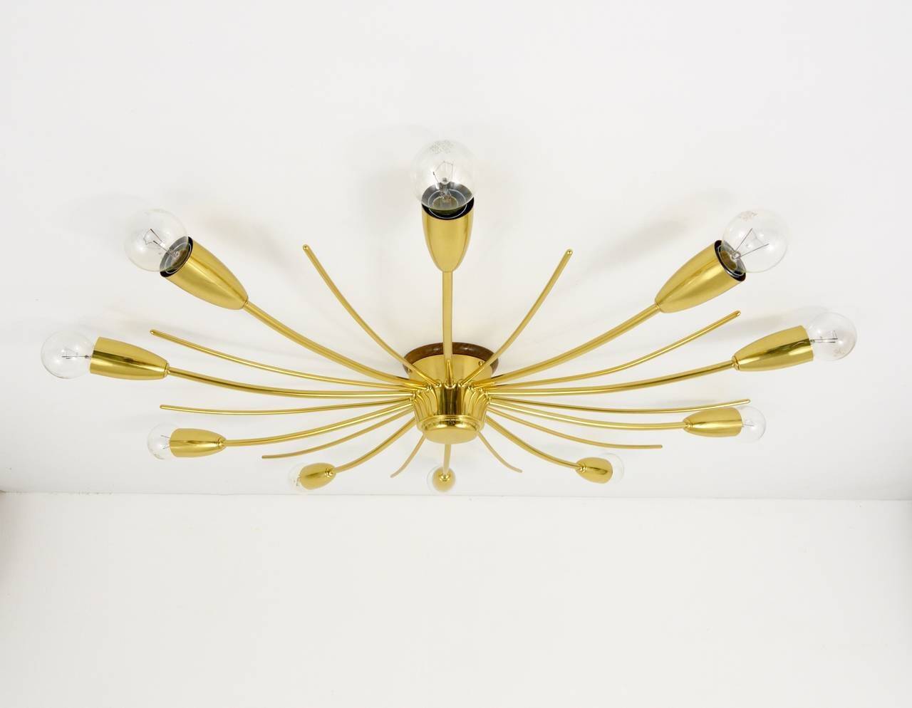 Large brass spider chandelier sun J.T. Kalmar Sonne, flush mount, Austria, 1950s