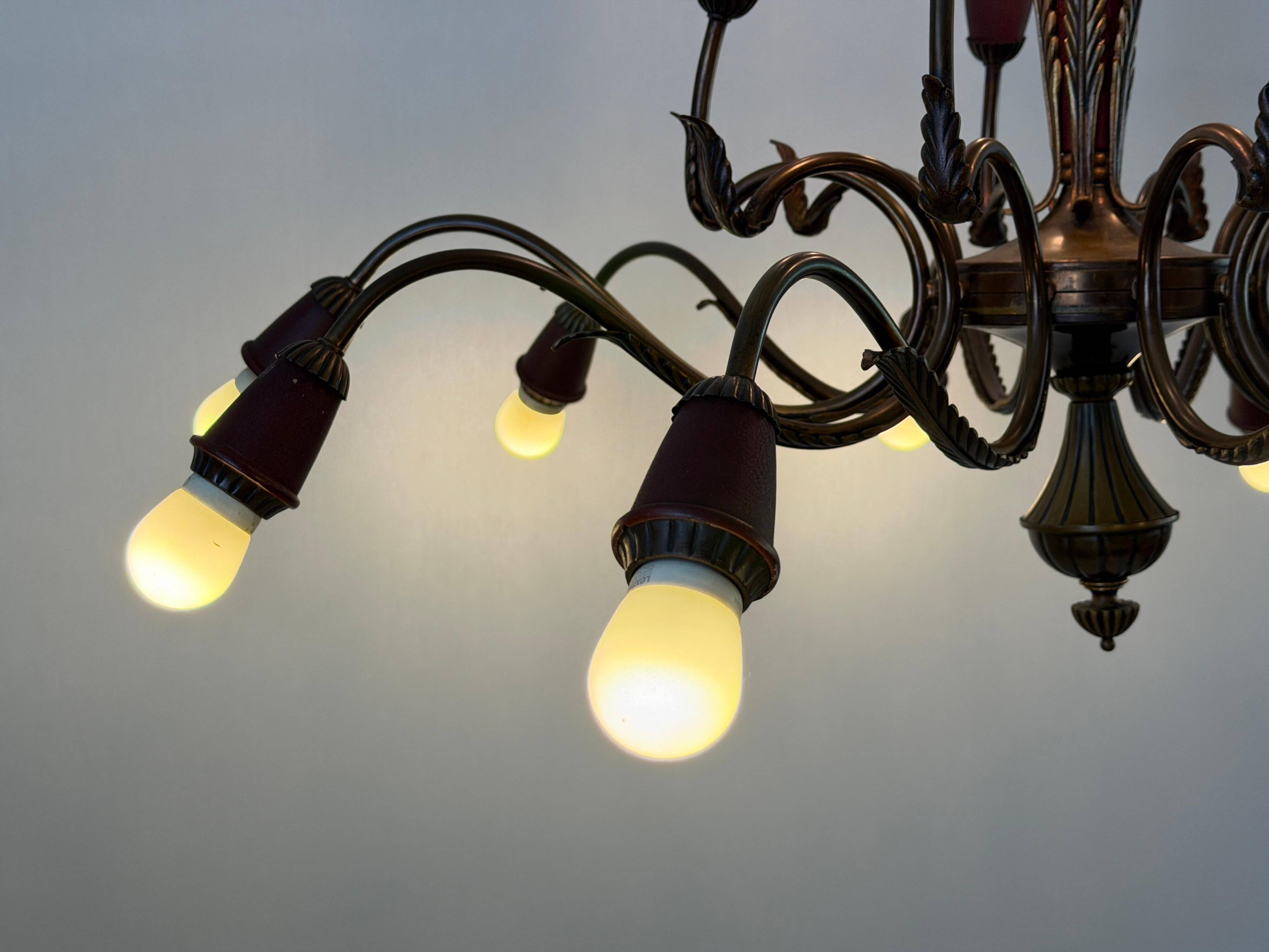 Large Burgundy brass chandelier with 15 arms, 1950, Italy
