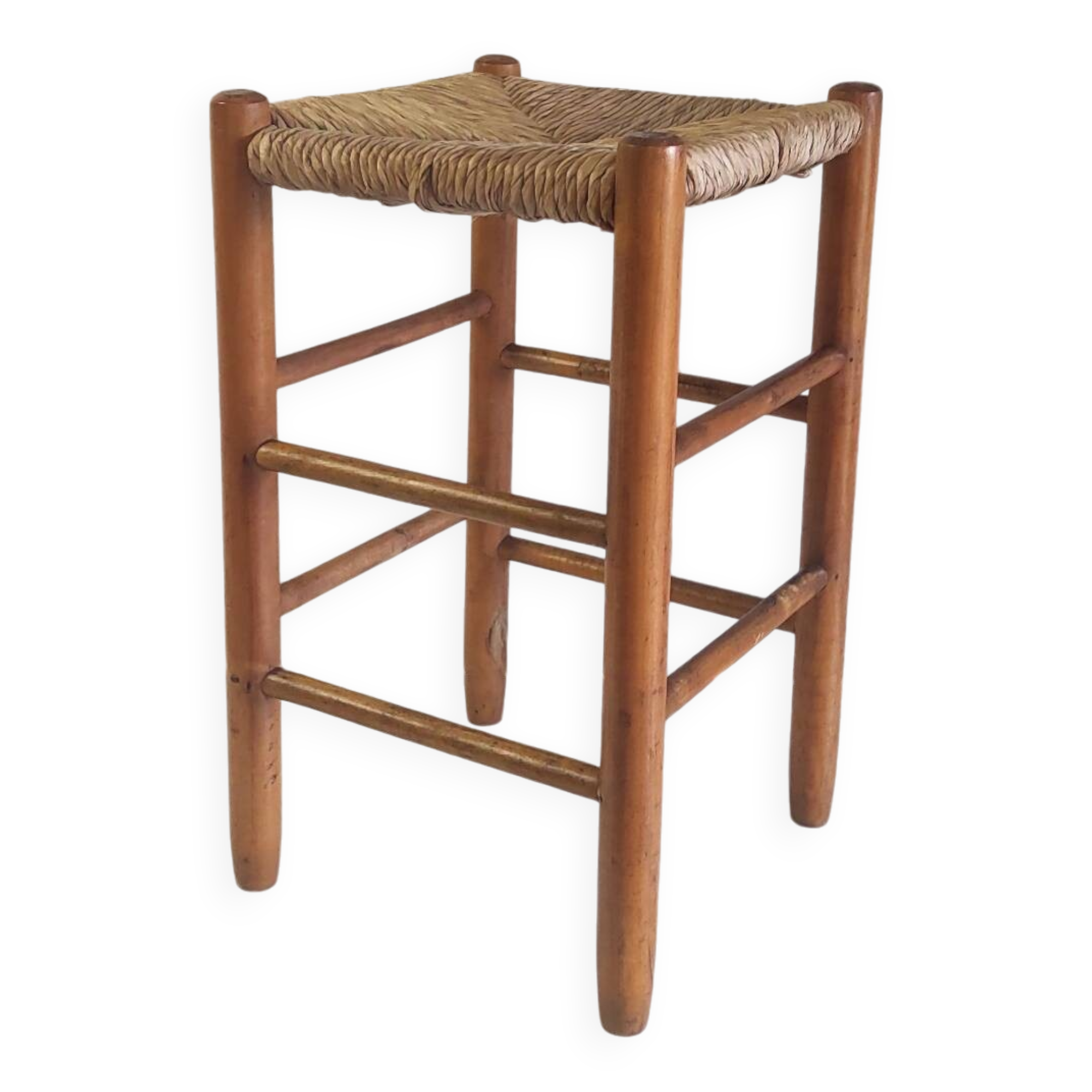 High stool in solid wood and straw - mid. 20th century