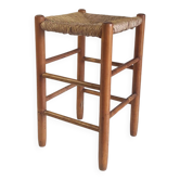 Tabouret haut en bois massif et paille, milieu XXème