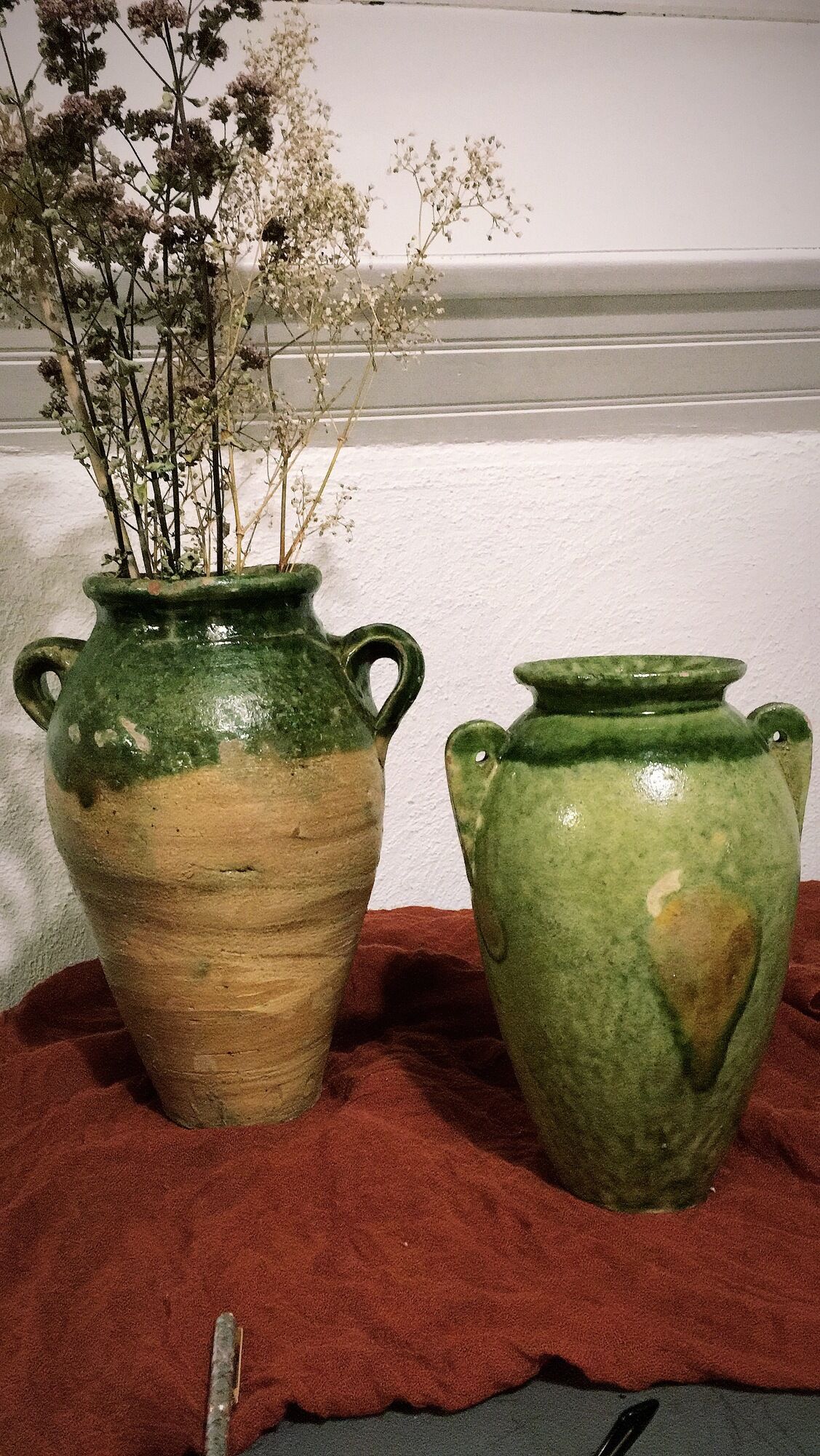 Duo de jarres terre cuite vernissées verte
