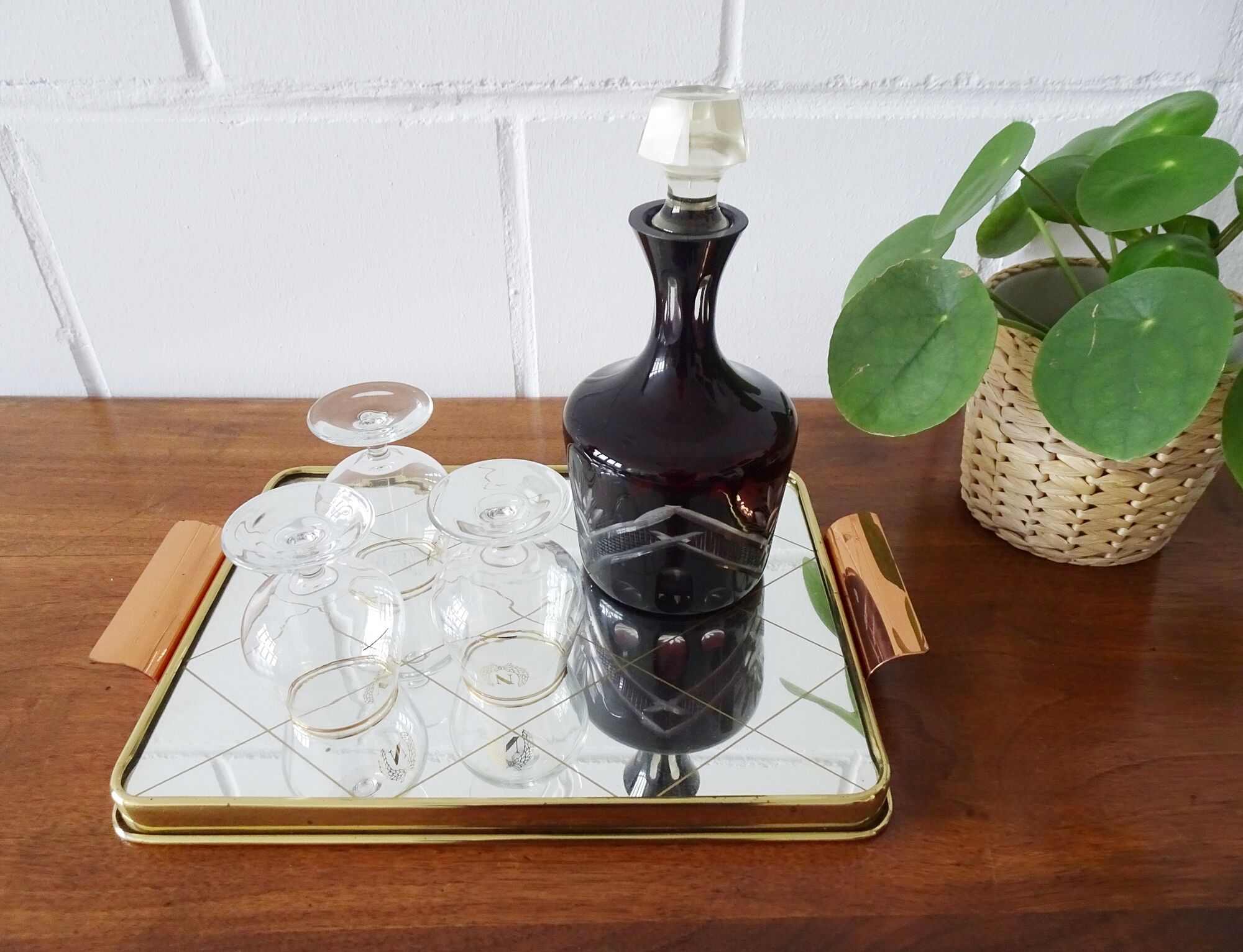 Mirror tray with diamond pattern made of brass and copper, 50