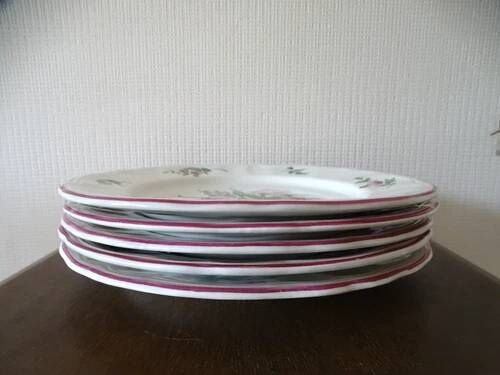 Kg luneville "réverbère" 5 flat plates earthenware hand-painted flowers ø25.5 cm