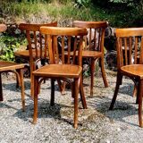 6 curved wooden bistro chairs 60s