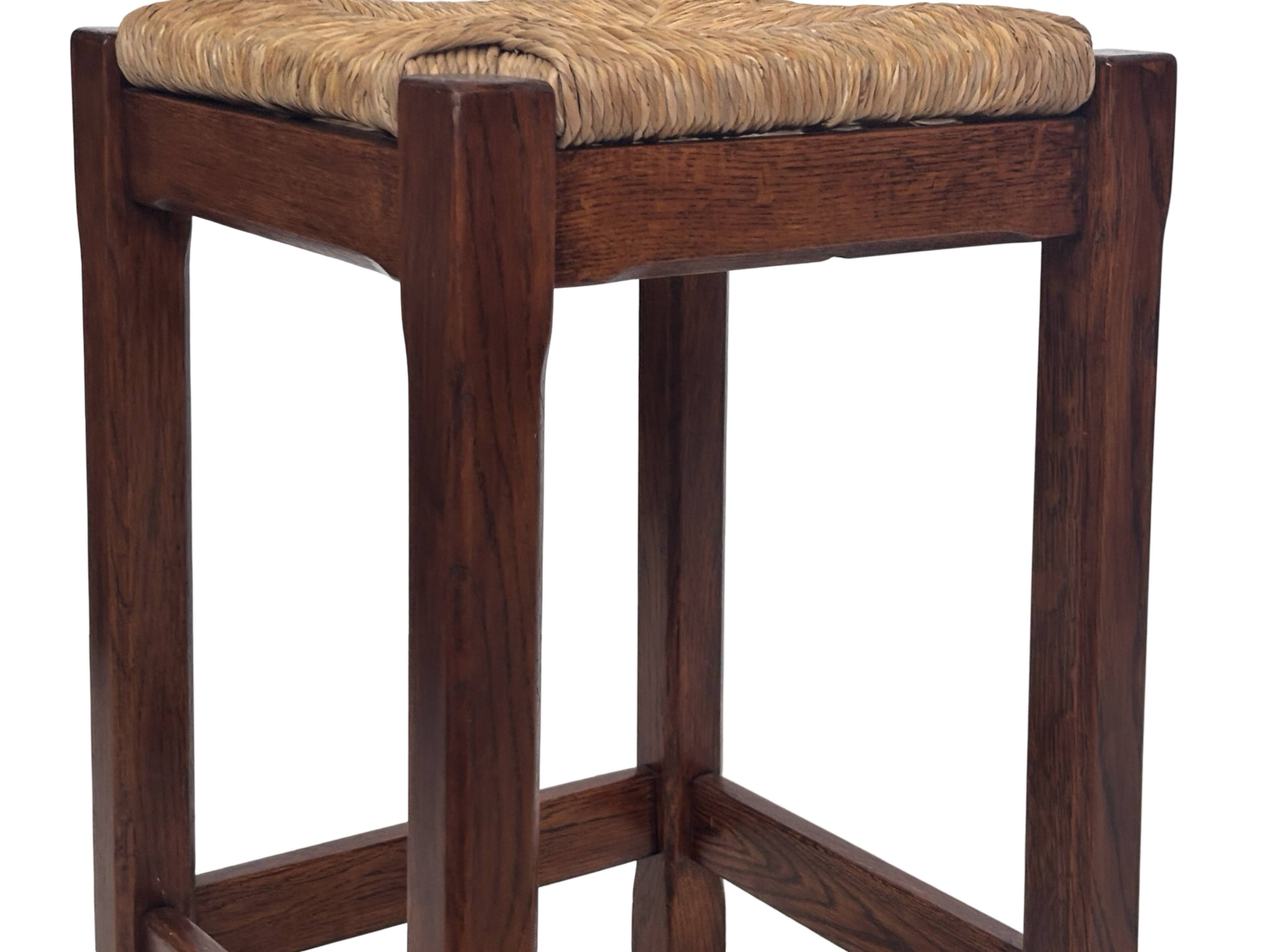 Vintage rattan stool with oak, 60s wabi sabi design, minimalist