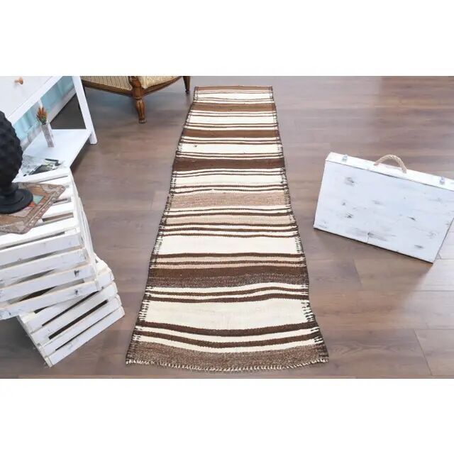 Vintage Turkish Oushak Handmade Cotton Beige Wool Runner Rug 71x275