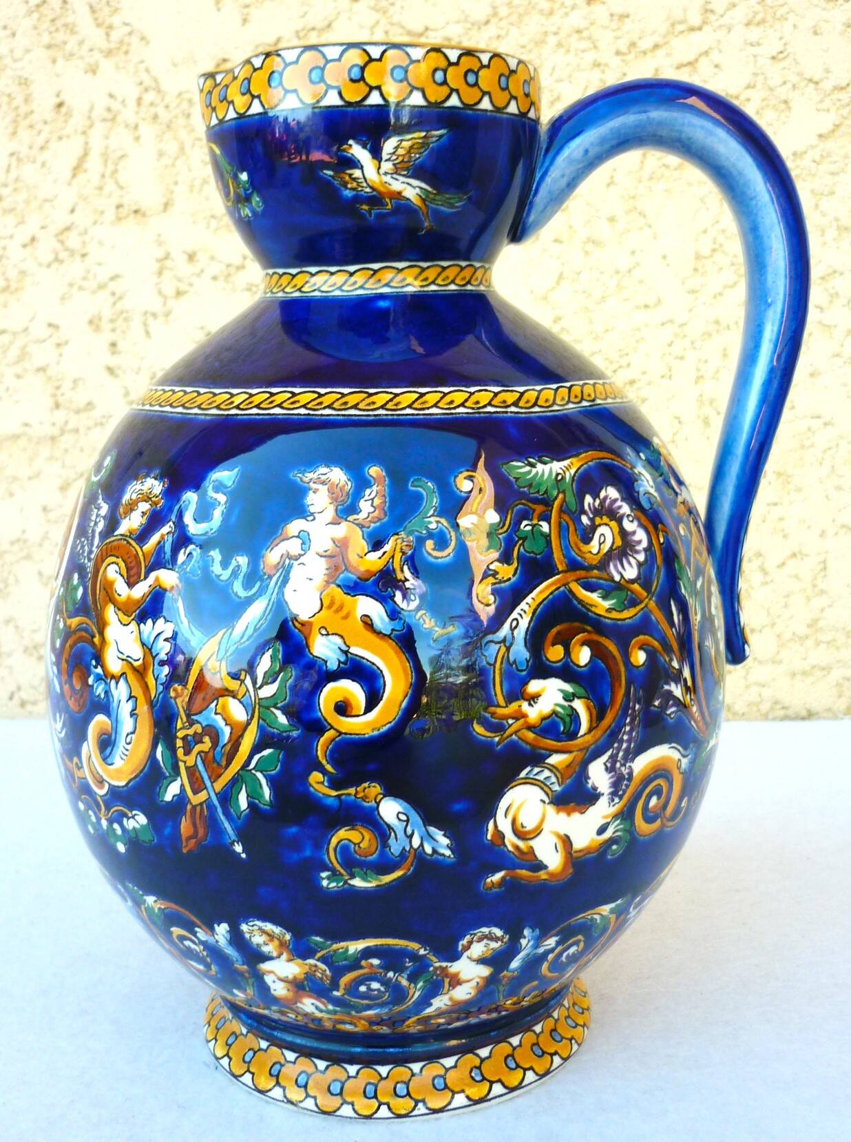 Large pitcher vase, Gien earthenware, Renaissance model, 1940s/50s.