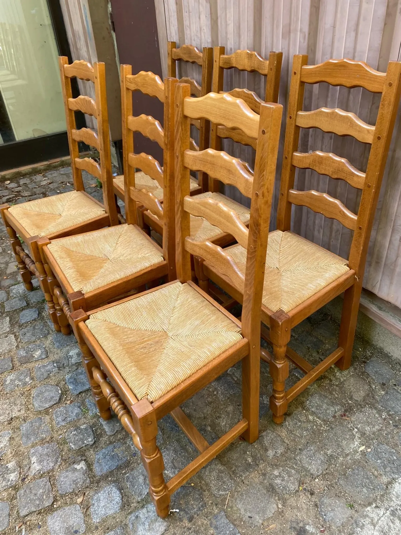 6 Rustic Oak and Straw Chairs — 1970s Country Style