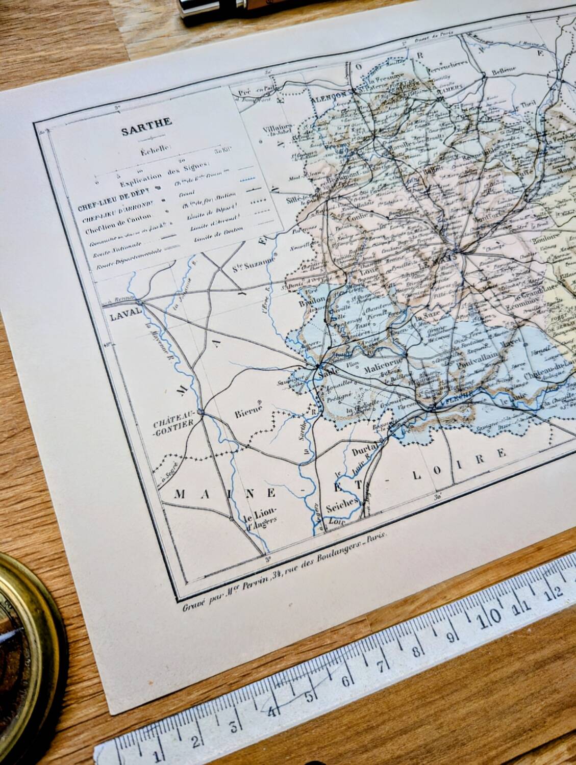 Printed in 1889, map of Sarthe. Authentic Vintage