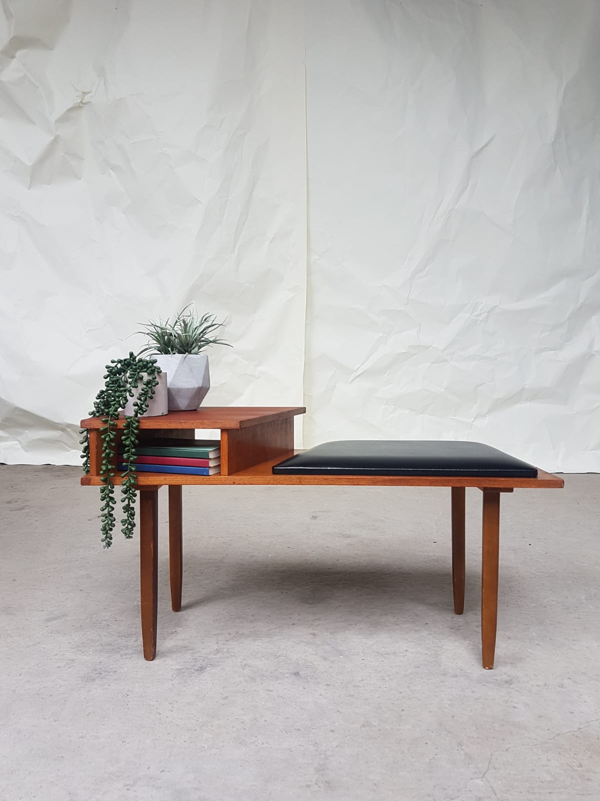 Vtg Mid Century Teak Vinyl Hallway Telephone Chair Table Bench Stool Danish 70s