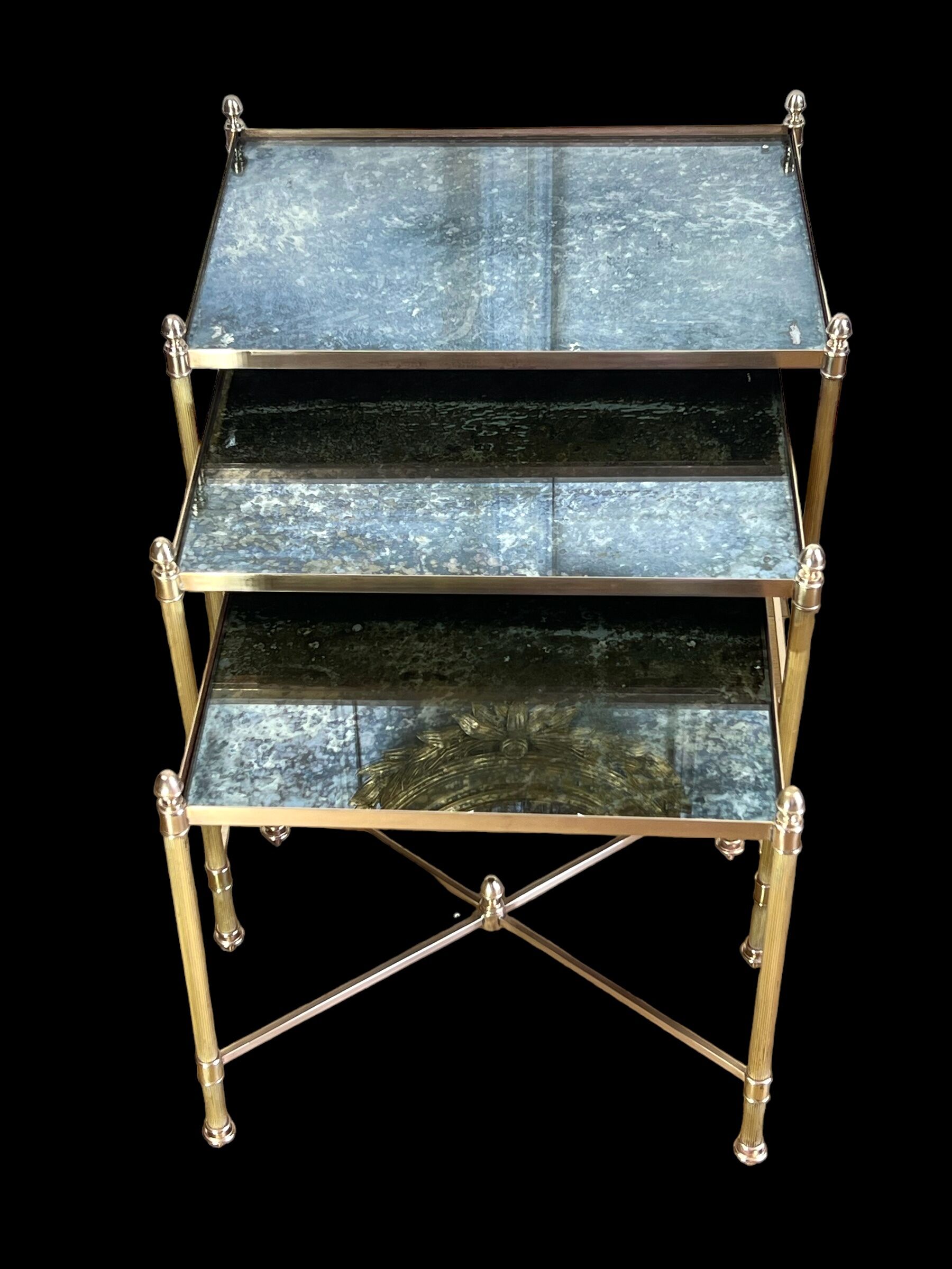 Nest of table from “maison bagués 1970” in gilt bronze and glass tops