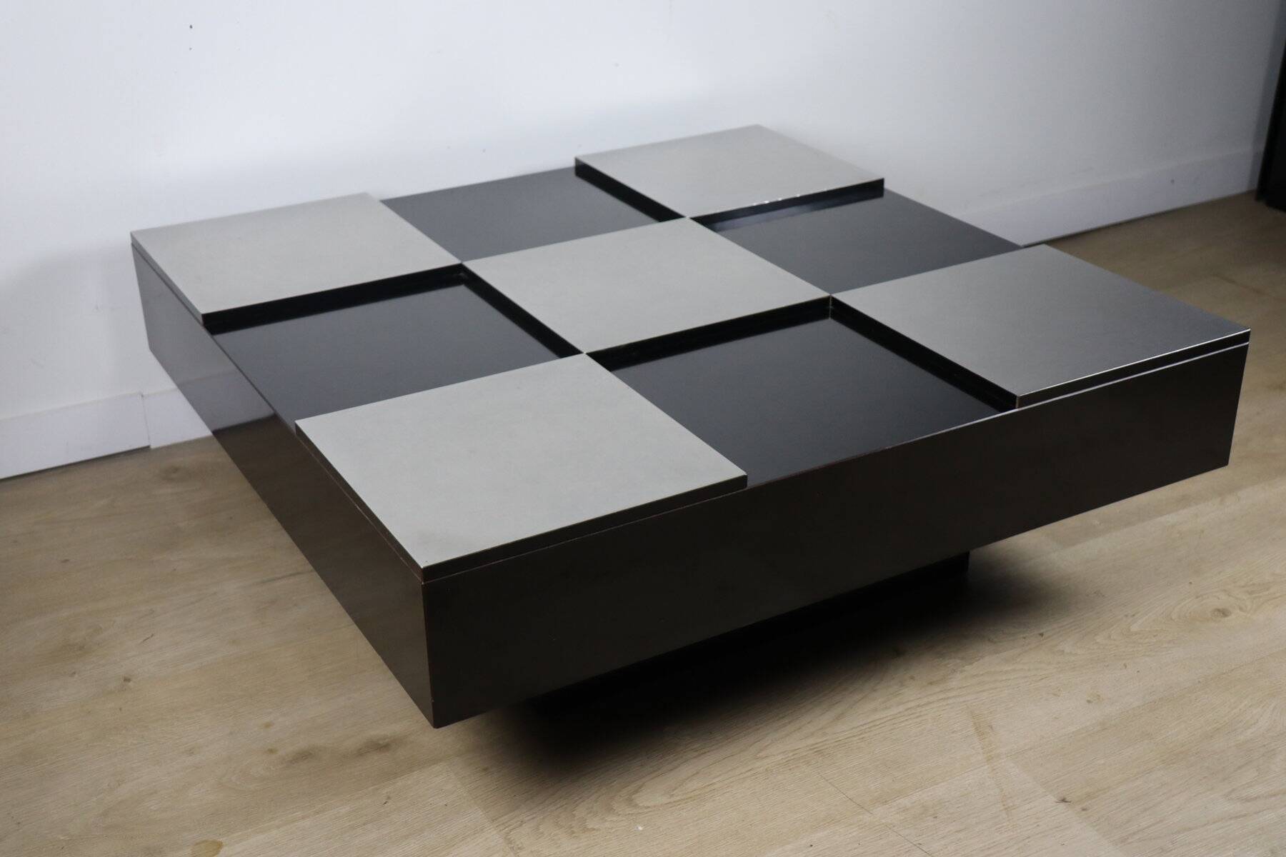 Vintage coffee table in lacquered wood and aluminium - 1970s