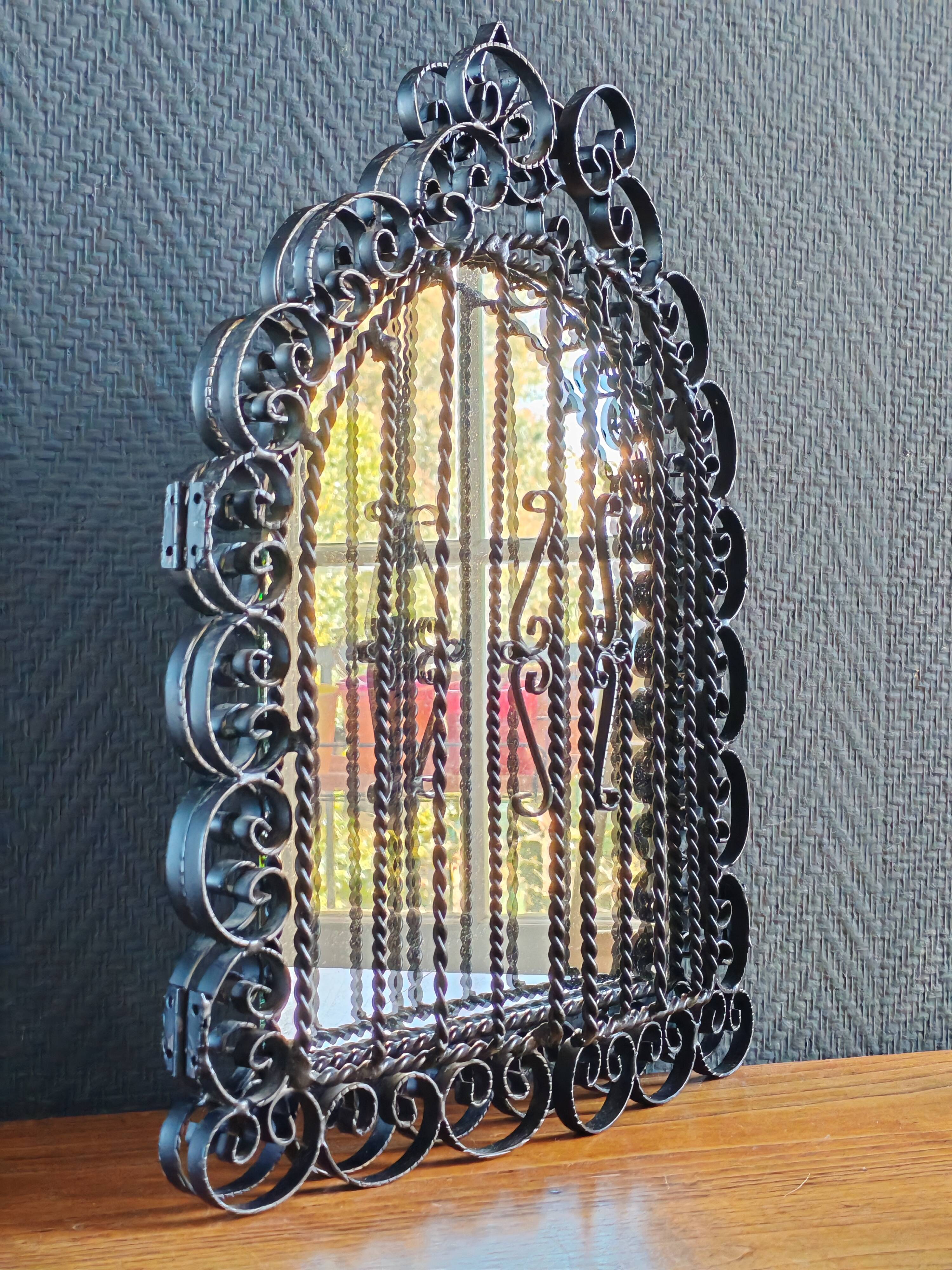 Vintage Black Wrought Iron Triptych Mirror