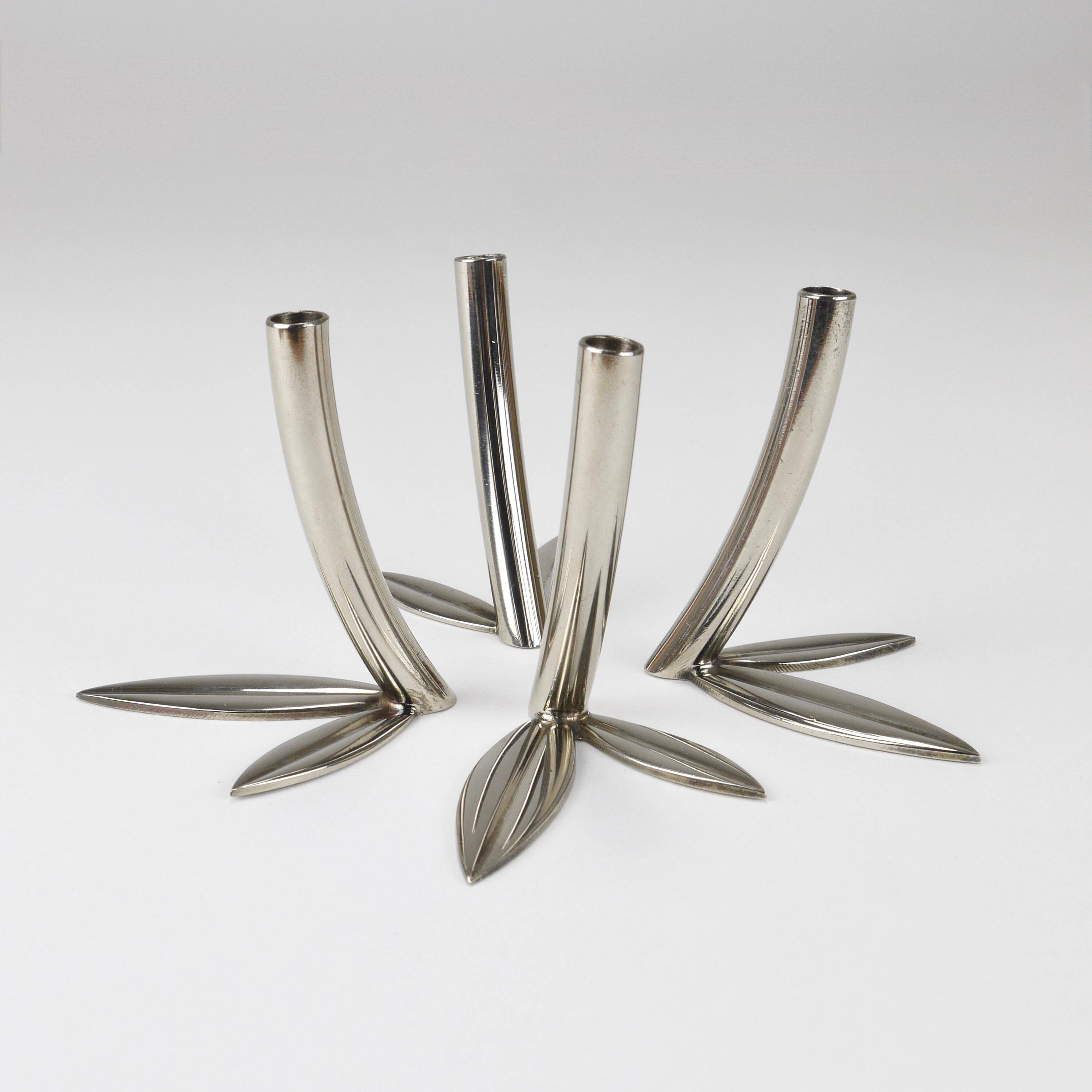 Werkstätte Hagenauer Up to 6 Soliflore Vases Leaf, Brass & Nickel, Vienna, 1960s