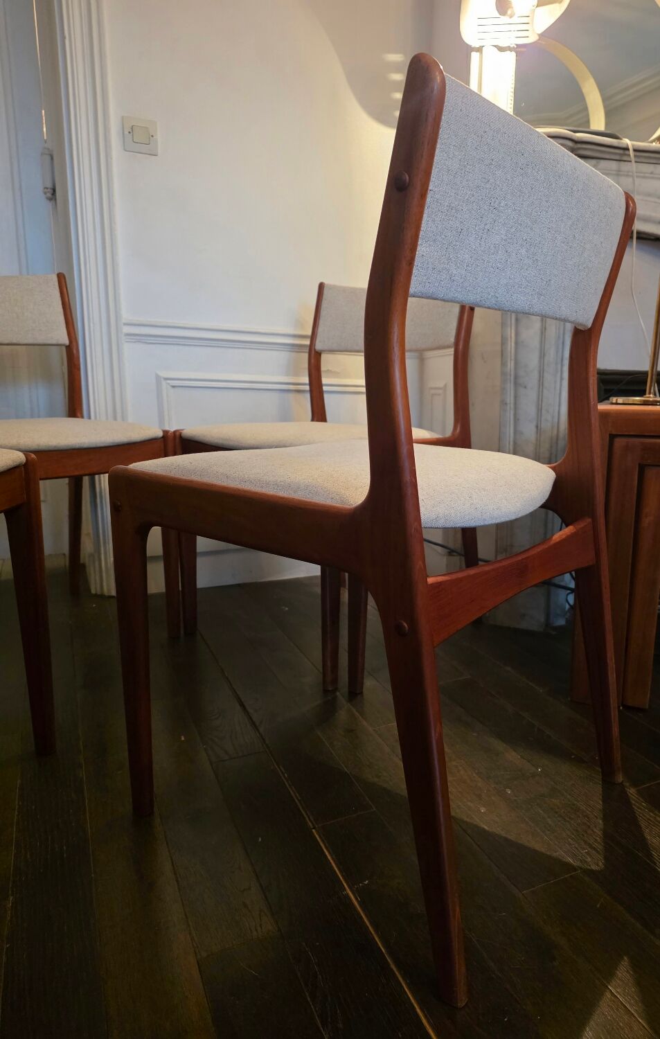 Set of 4 vintage teak and beige tweed chairs by Johannes Anderse