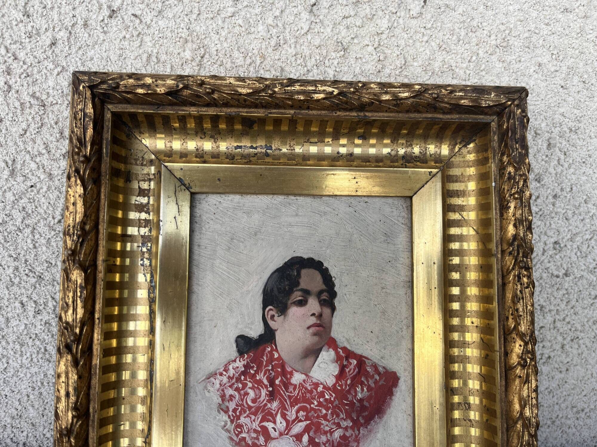 Old Table XIX Portrait of a Woman in Traditional Costume - Signed Célest