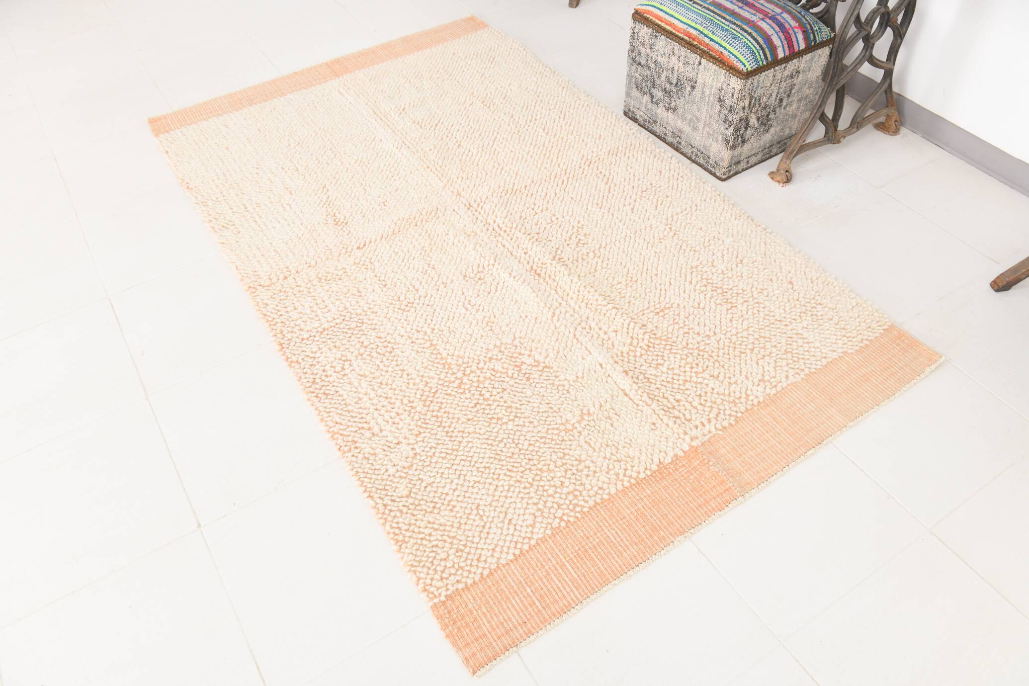 4x7 Salmon Beige Handmade Turkish Vintage Rug