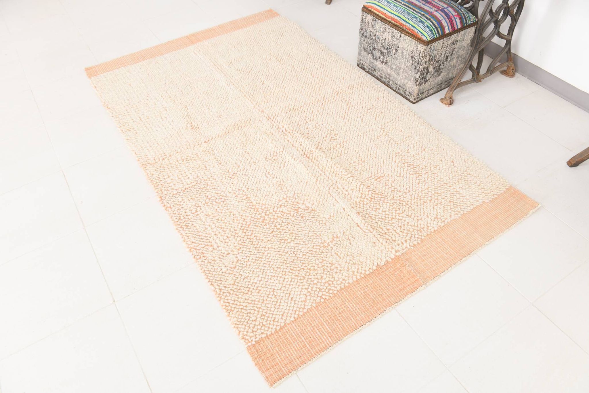 4x7 Salmon Beige Handmade Turkish Vintage Rug