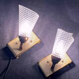 Pair of brass sconces, perforated metal and perhapx conical lampshade, France 50's