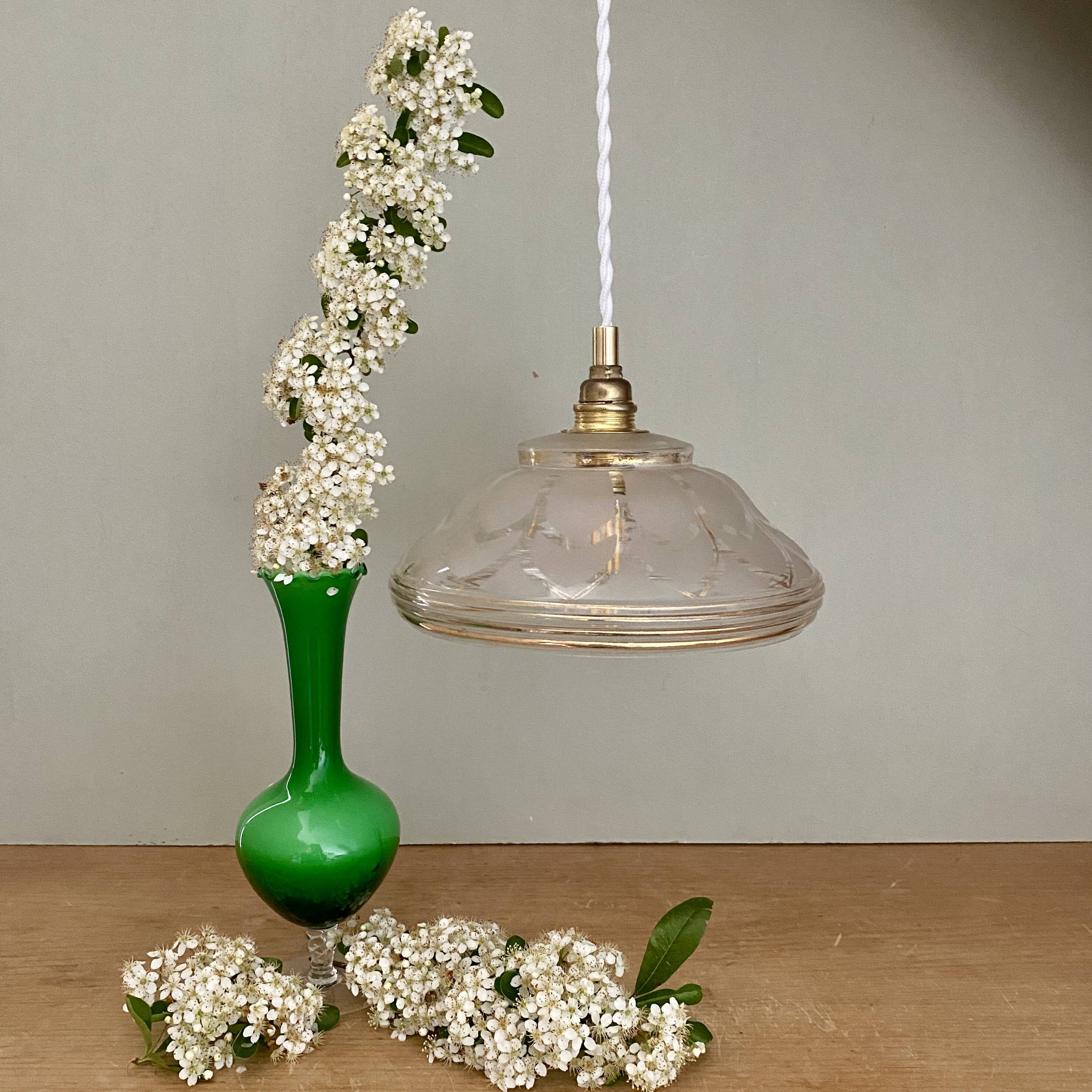 Vintage art deco lampshade pendant light in white and gold frosted glass