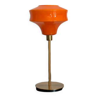 Lampe à poser avec un globe orange vintage en verre et un pied doré