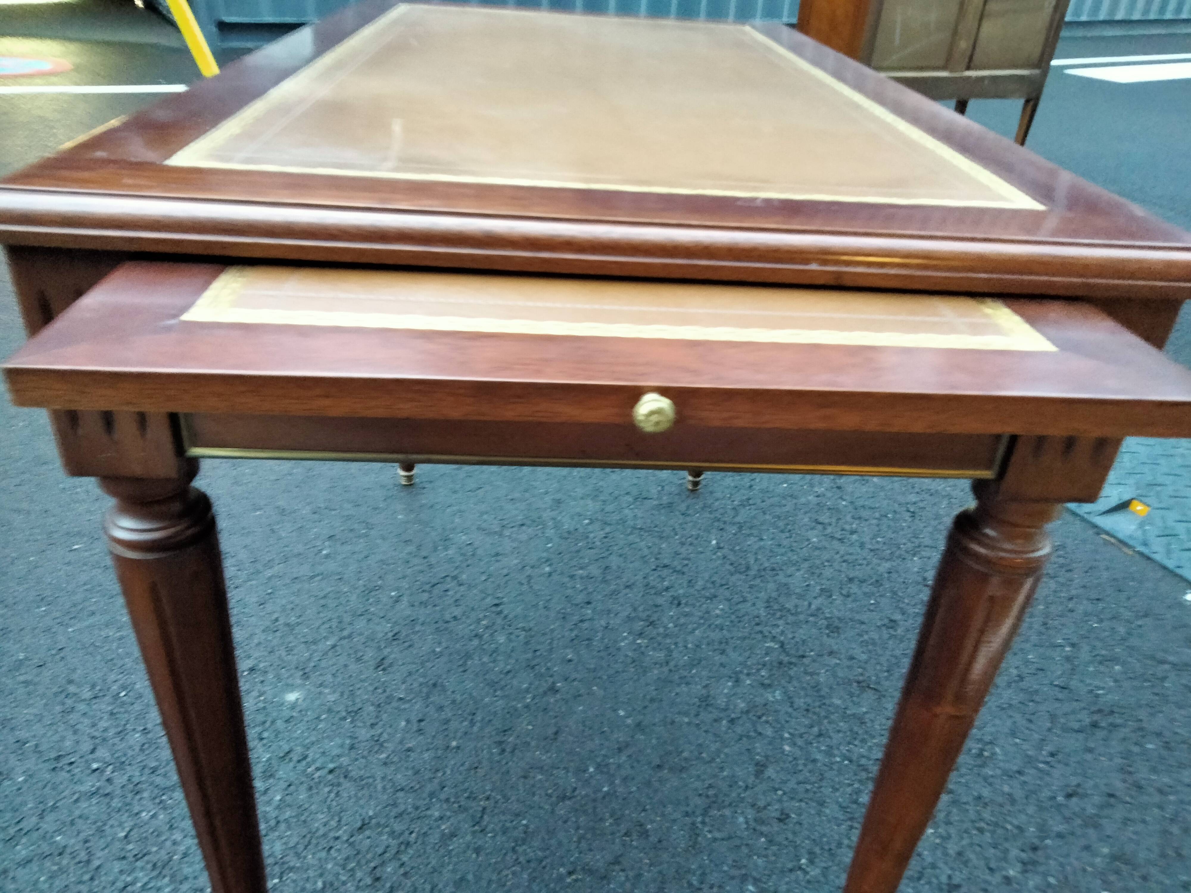 Old style flat desk louis xvi leather tray with 2 pulls