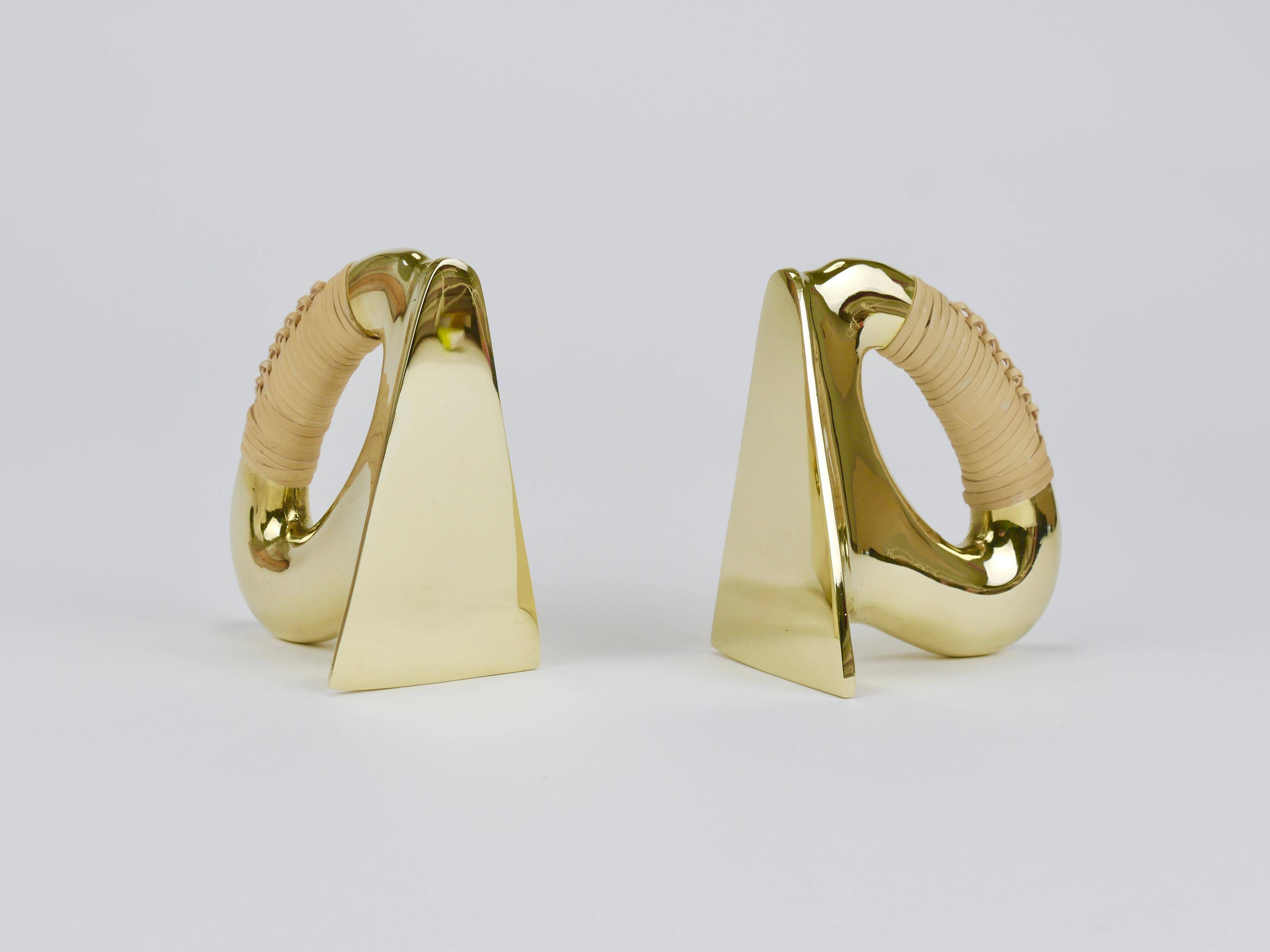 Pair of Carl Auböck Flat Iron bookends in brass and rattan #3530, Vienna, Austria