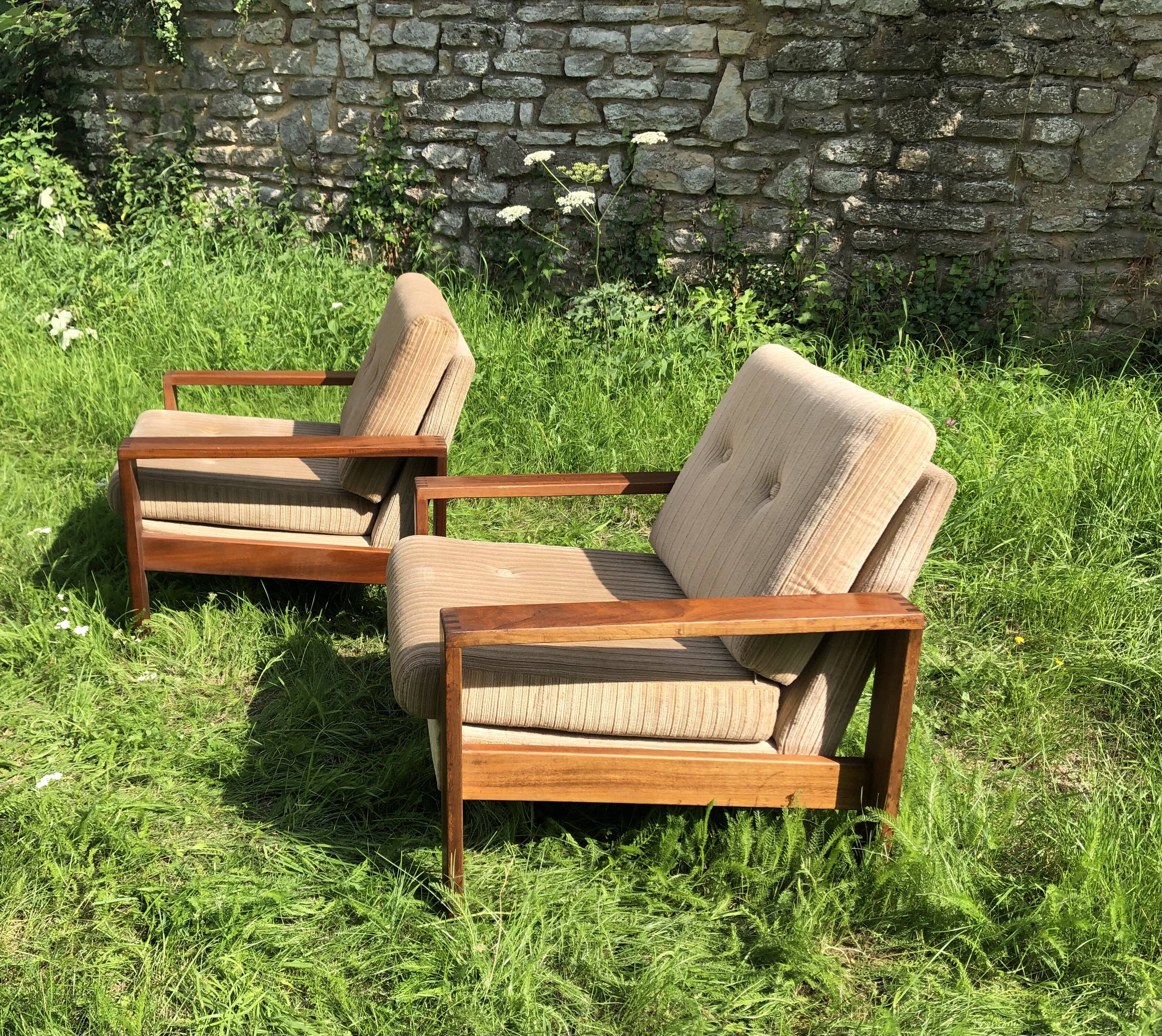 Pair of vintage beige velvet armchairs 60s