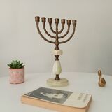 Vintage Hebrew Menorah Candlestick in Solid Brass and Onyx from the 60s