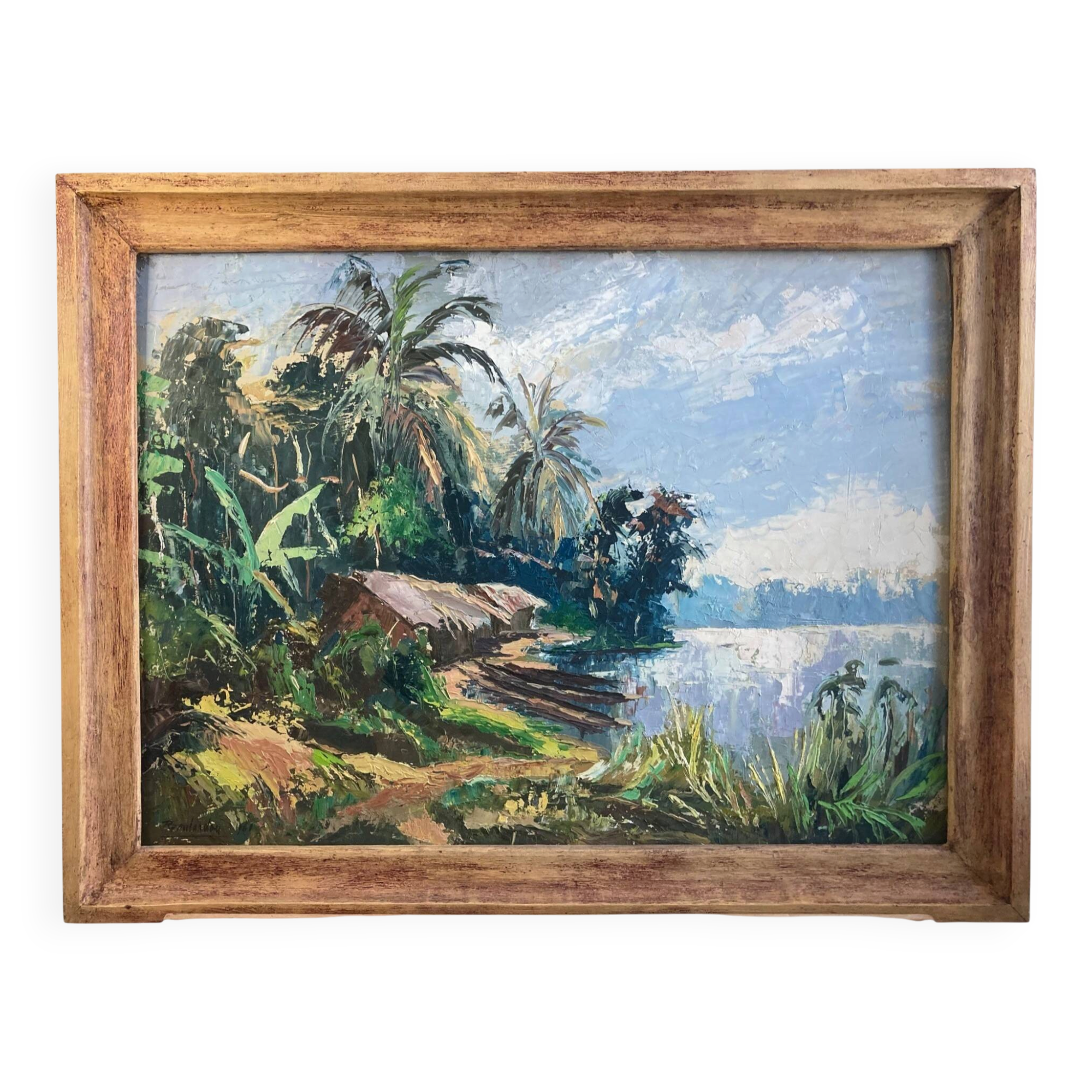 Huile sur toile paysage cabane pêcheur, Congo signée Remilandou XXème
