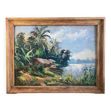 REMILANDOU, HSP landscape fisherman’s cabin Congo signed 20th century