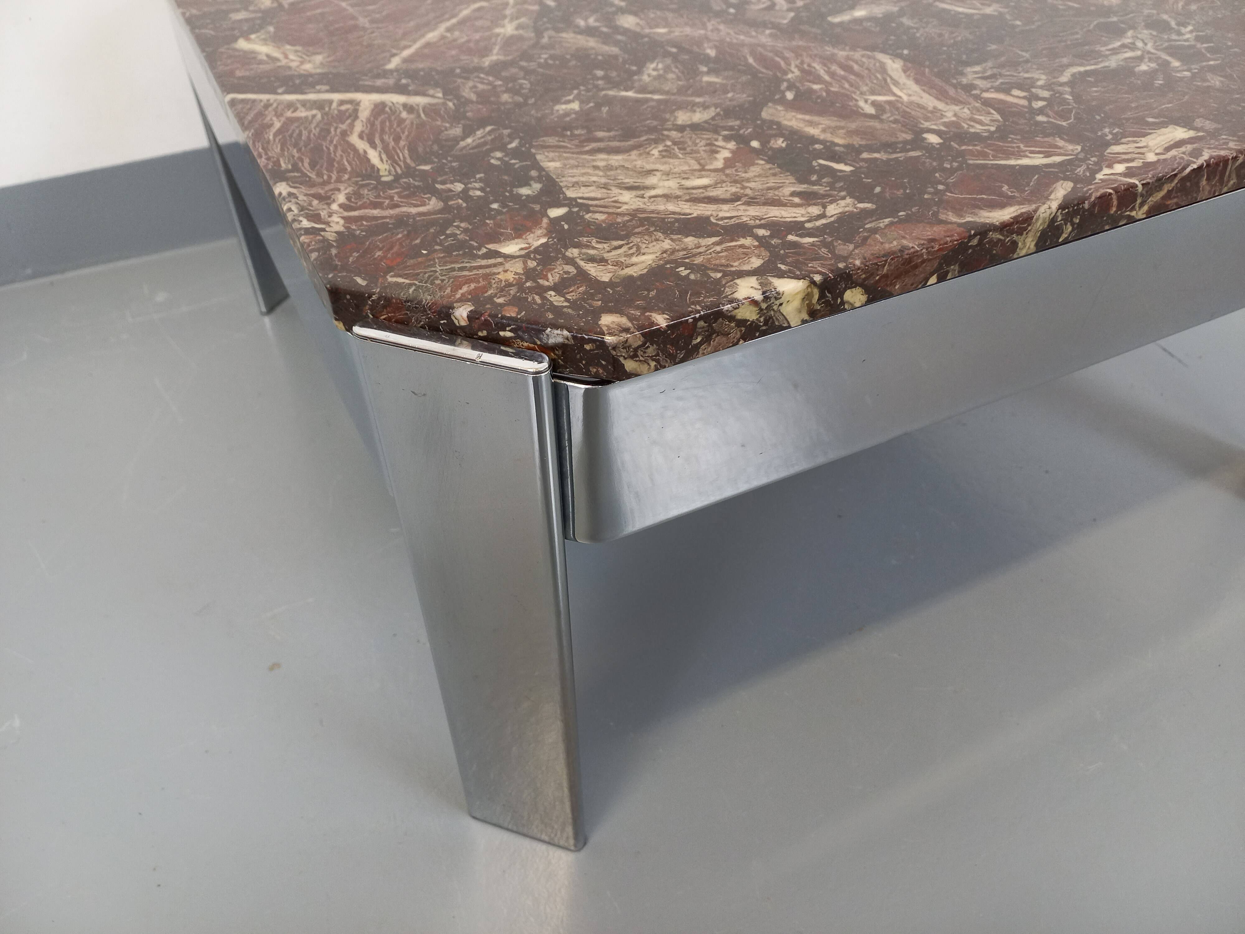 Vintage square coffee table in marble and chrome metal from the 70s