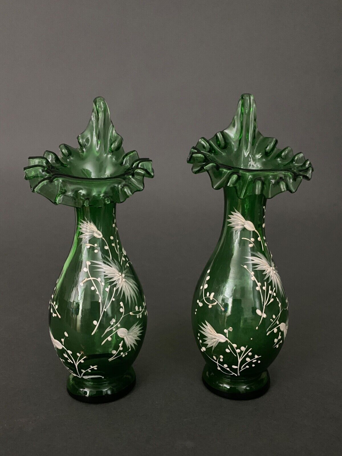 Pair of Marie Gregory vases in green floral decoration enamelled 1900