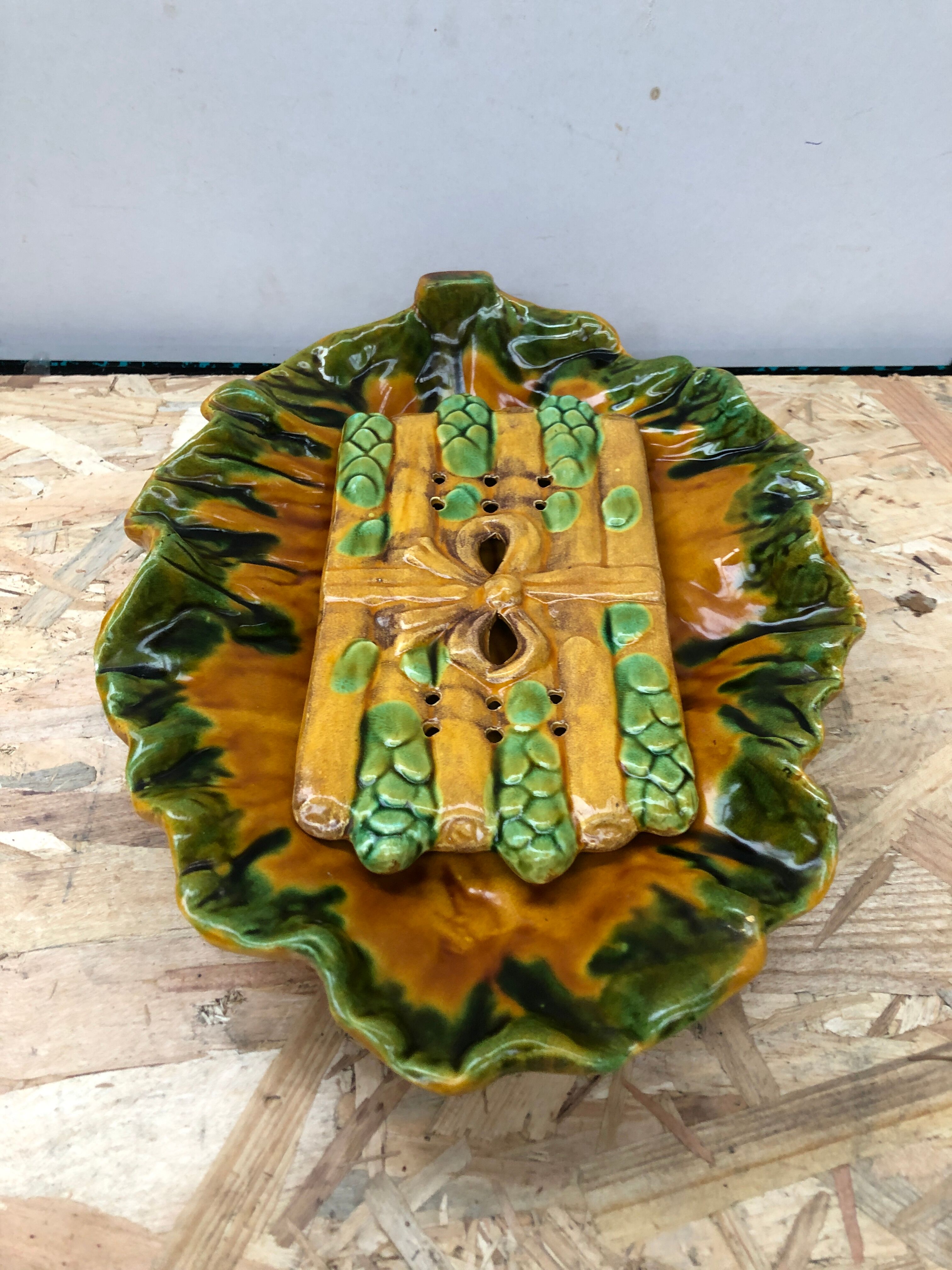Old asparagus dish vallauris d.m. ceramic green & yellow vintage