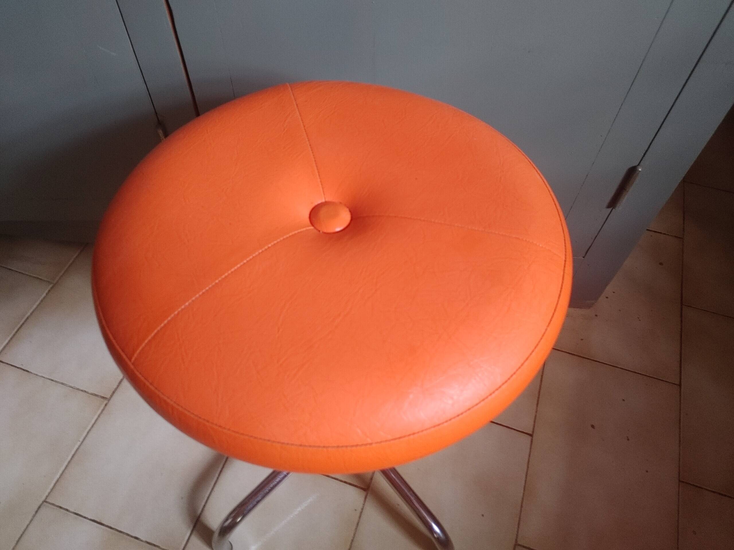 Vintage 70's rotating stool, chrome base, orange imitation leather seat