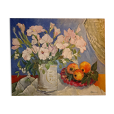 Painting A. Favory Oil on Canvas France 1960 / Post Cubism "Les IRIS Blanc" Painting on chassis