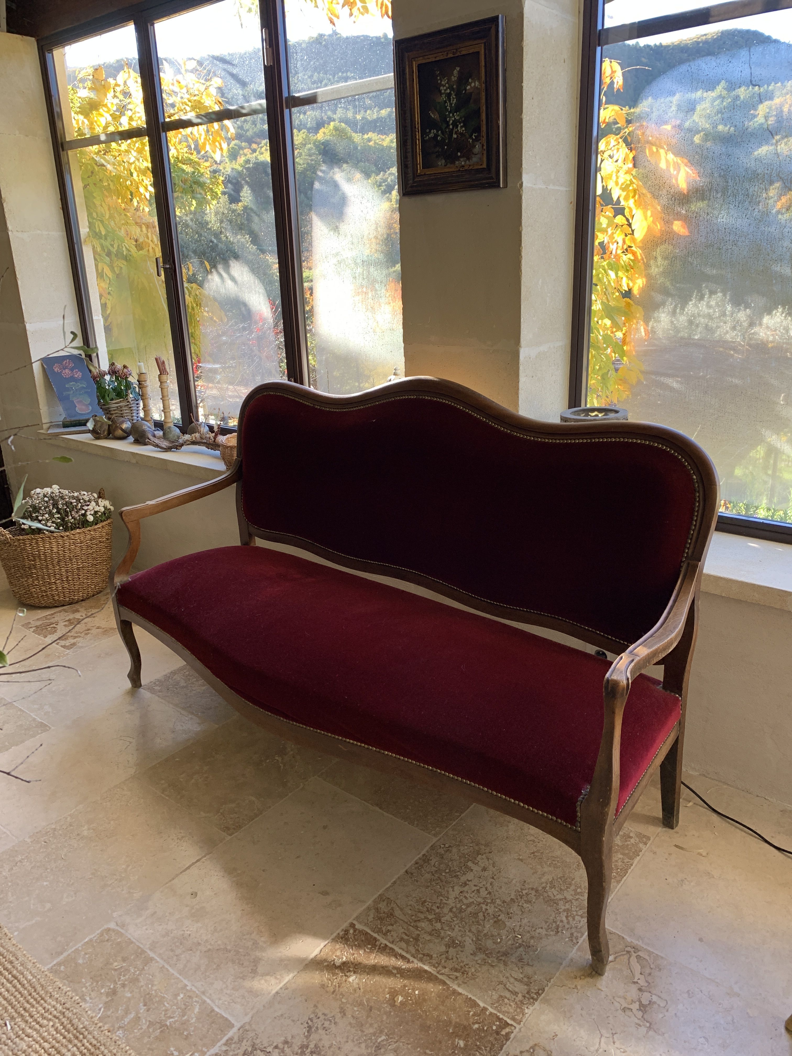 Red sofa bordeaux upholstered velvet