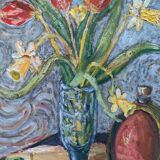 Mid-Century Modern "Still Life with Tulips" Swedish Vintage Expressionist Still Life Oil Painting, F
