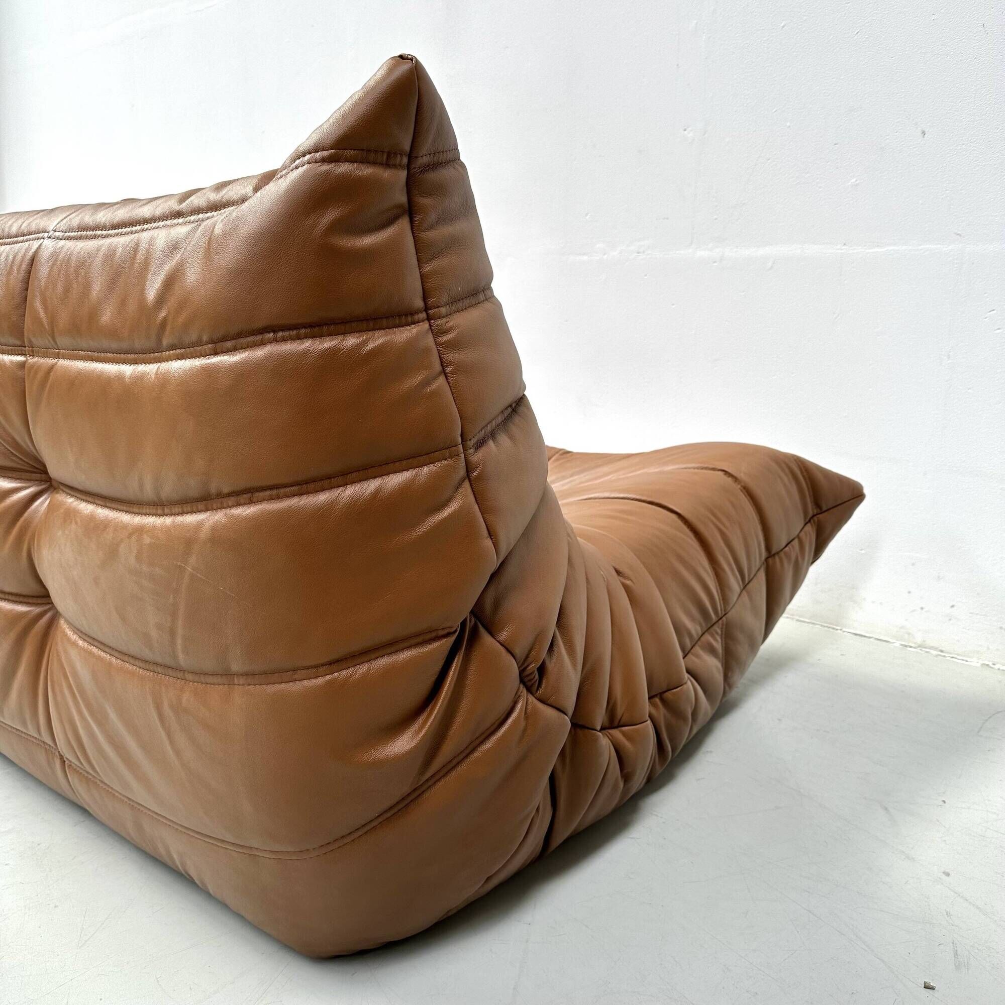 Togo 3-seater in Cognac leather designed by Michel Ducaroy for Ligne Roset.