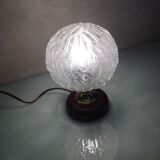 Structured glass bedside lamp and wooden foot / vintage 60s-70s