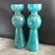 Pair of vintage candlesticks in molded glass turquoise blue 20 cm