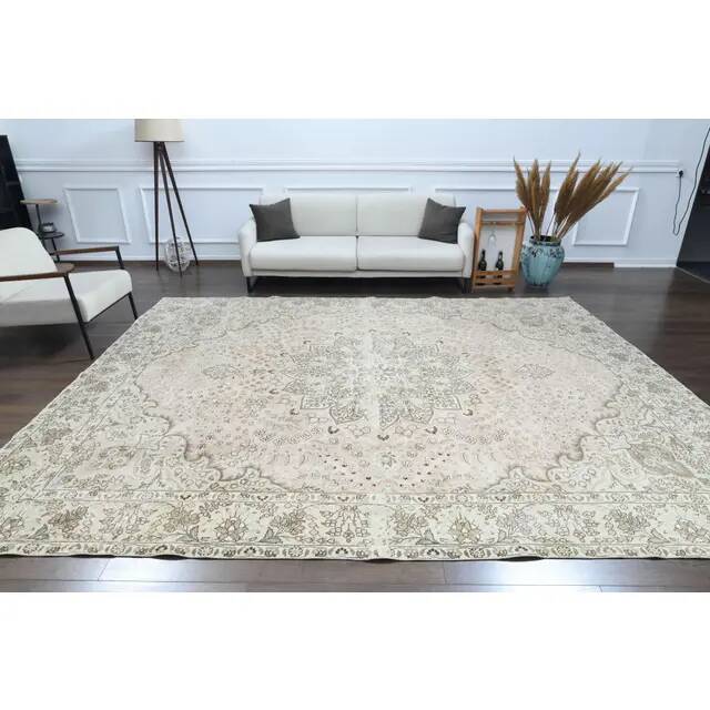 1970s Vintage Persian Handmade Wool Cotton Beige Area Rug 287x367